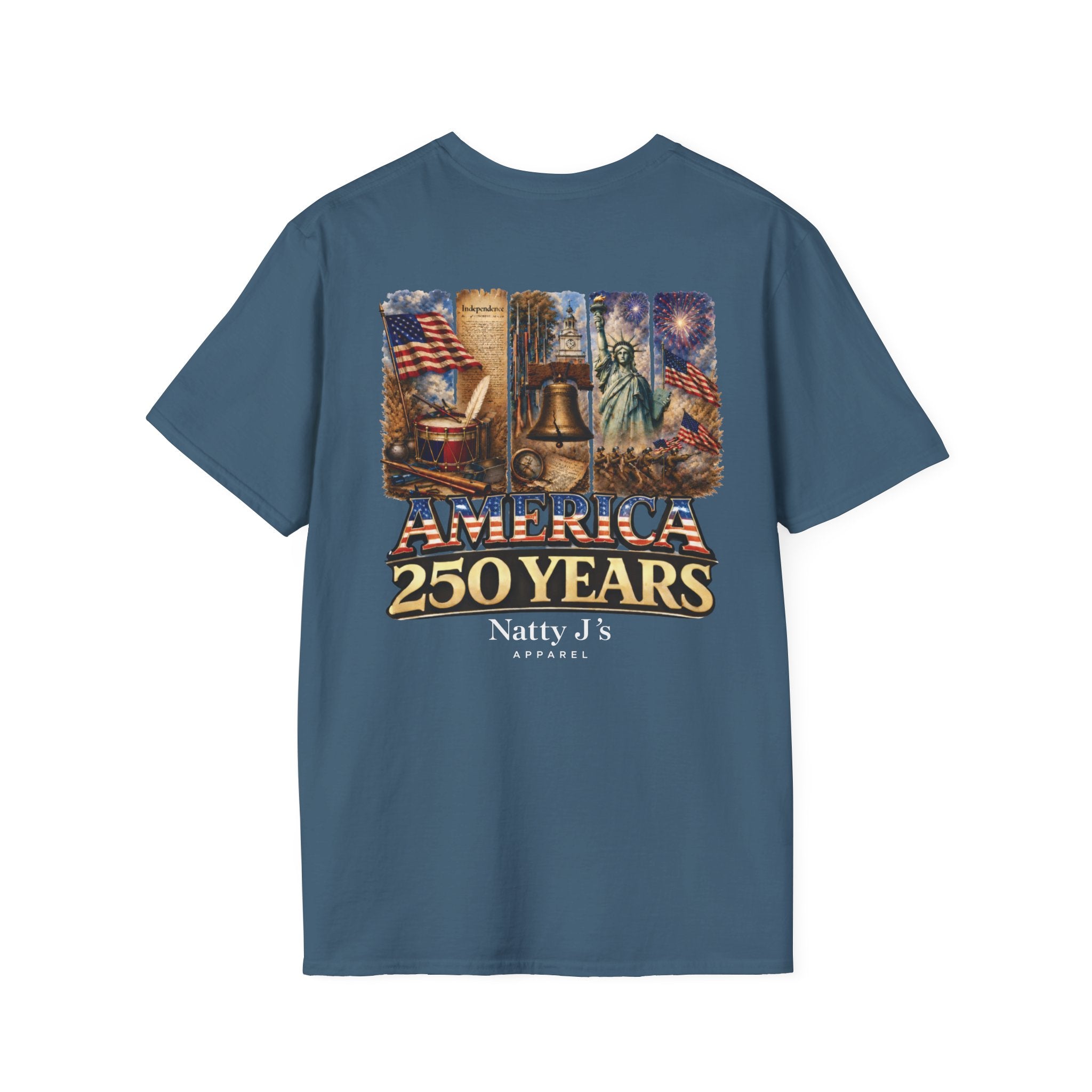 Blue t-shirt with 'America 250 Years' graphic and 'Natty J's Apparel' text on a white background