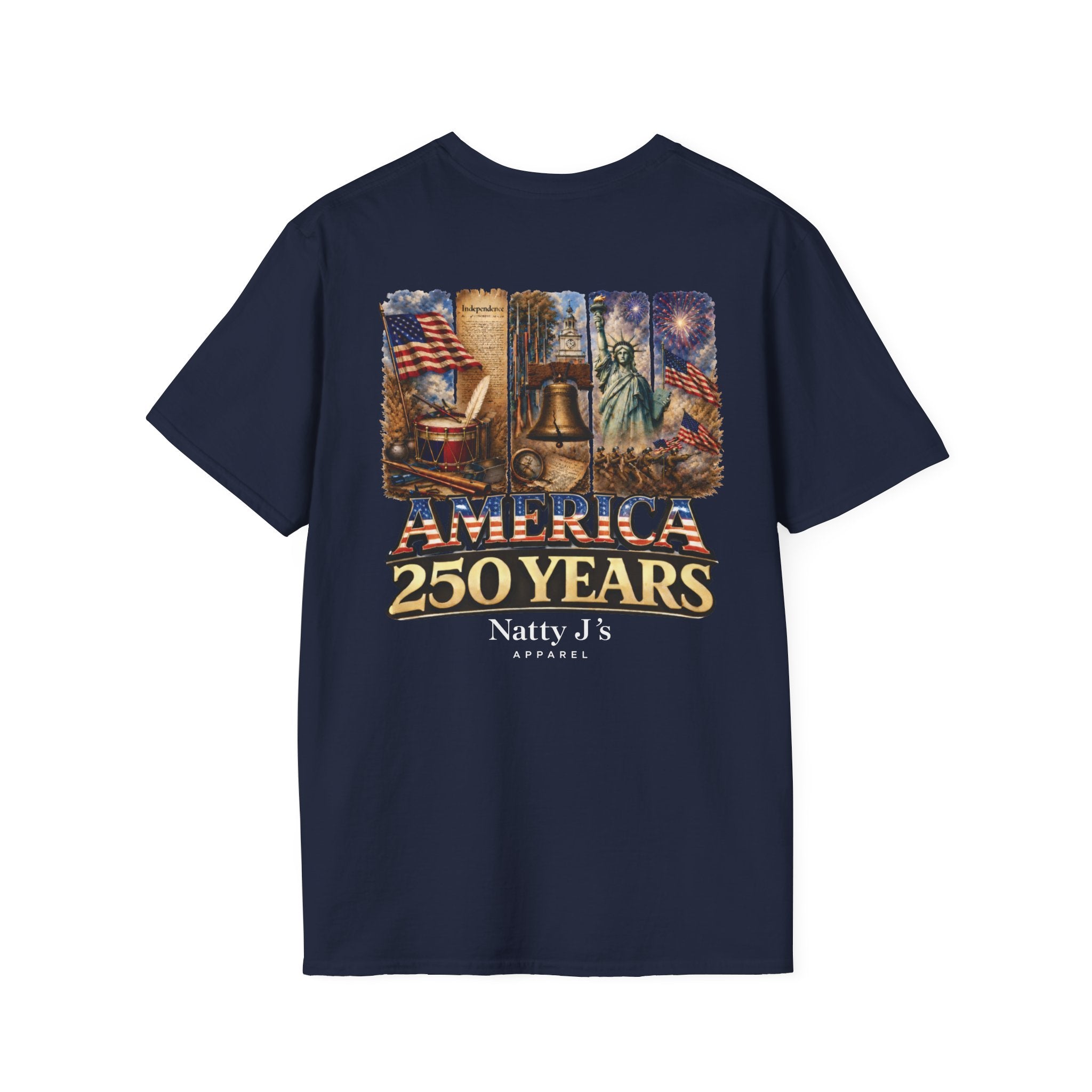 Navy blue t-shirt with 'America 250 Years' graphic and 'Natty J's Apparel' text on a white background