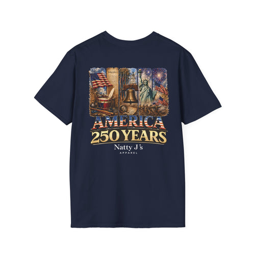 Navy blue t-shirt with 'America 250 Years' graphic and 'Natty J's Apparel' text on a white background