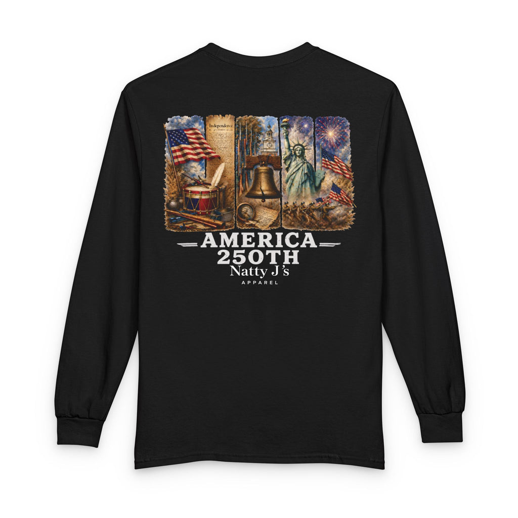 Black long-sleeve shirt with American-themed graphics and text on a white background
