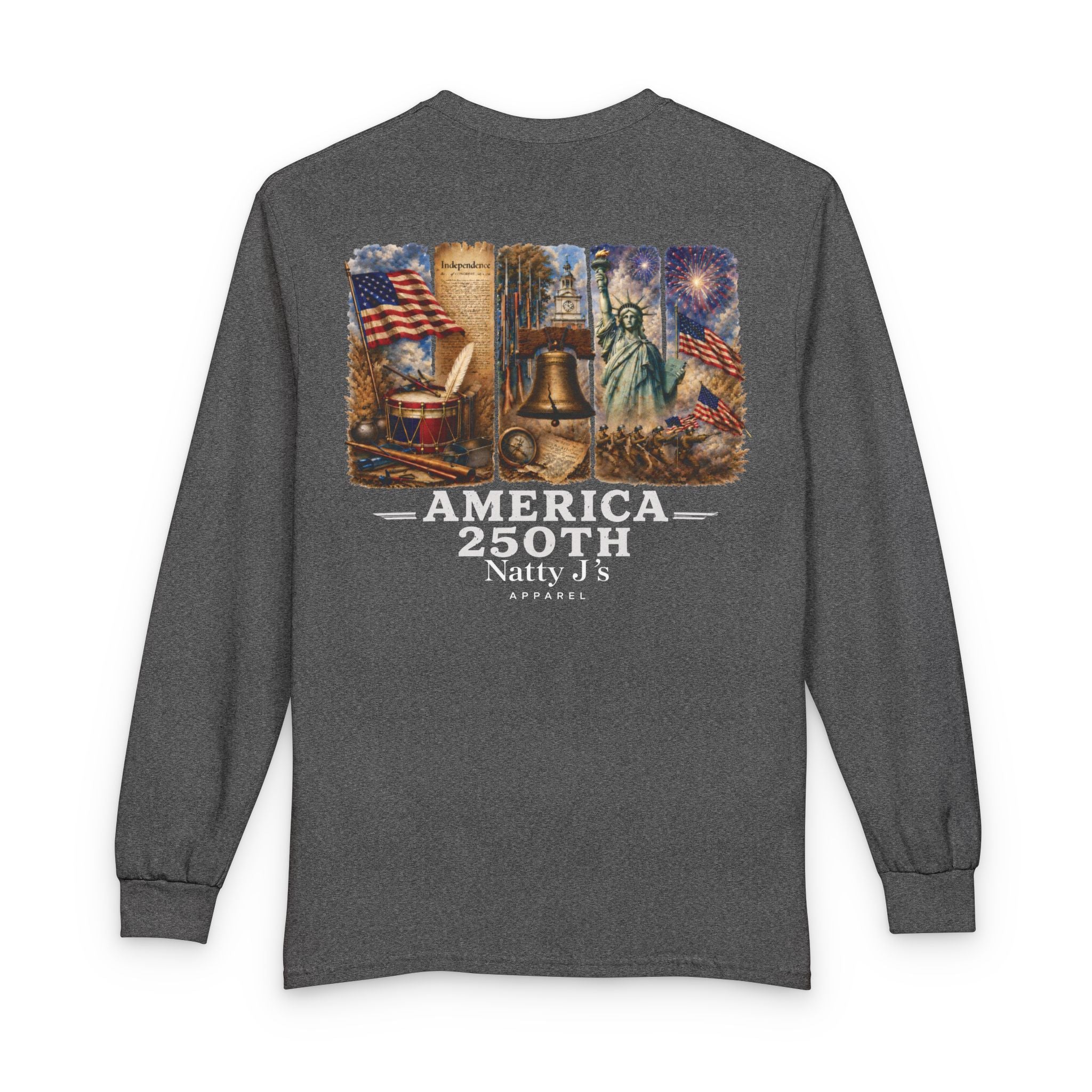Gray long-sleeve shirt with American-themed graphic on a white background