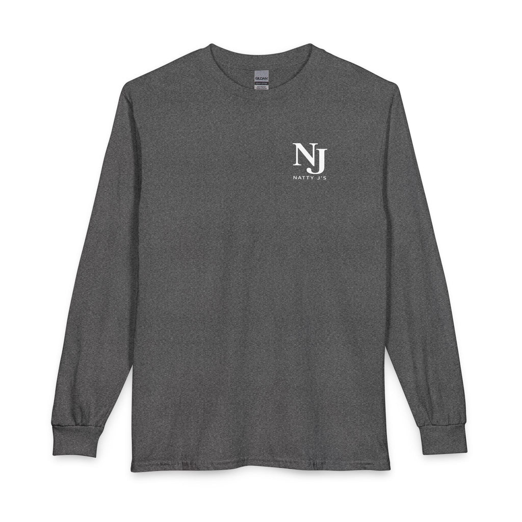 Black long-sleeve shirt with a logo on the chest against a white background
