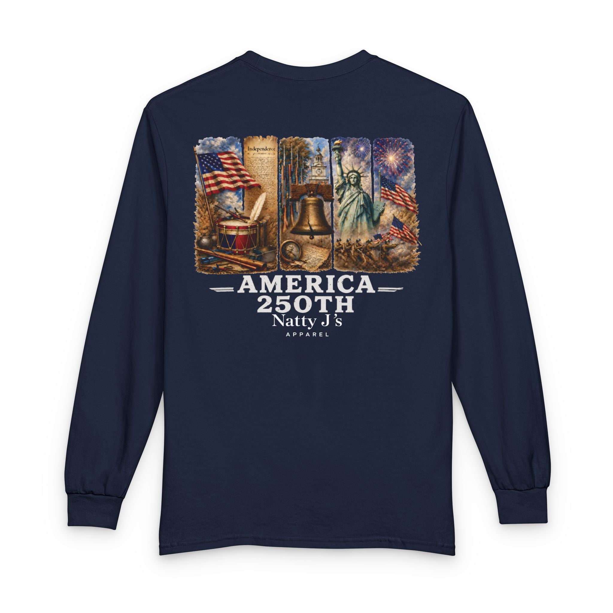 Navy long-sleeve shirt with American-themed graphic and 'America 250th' text on a white background