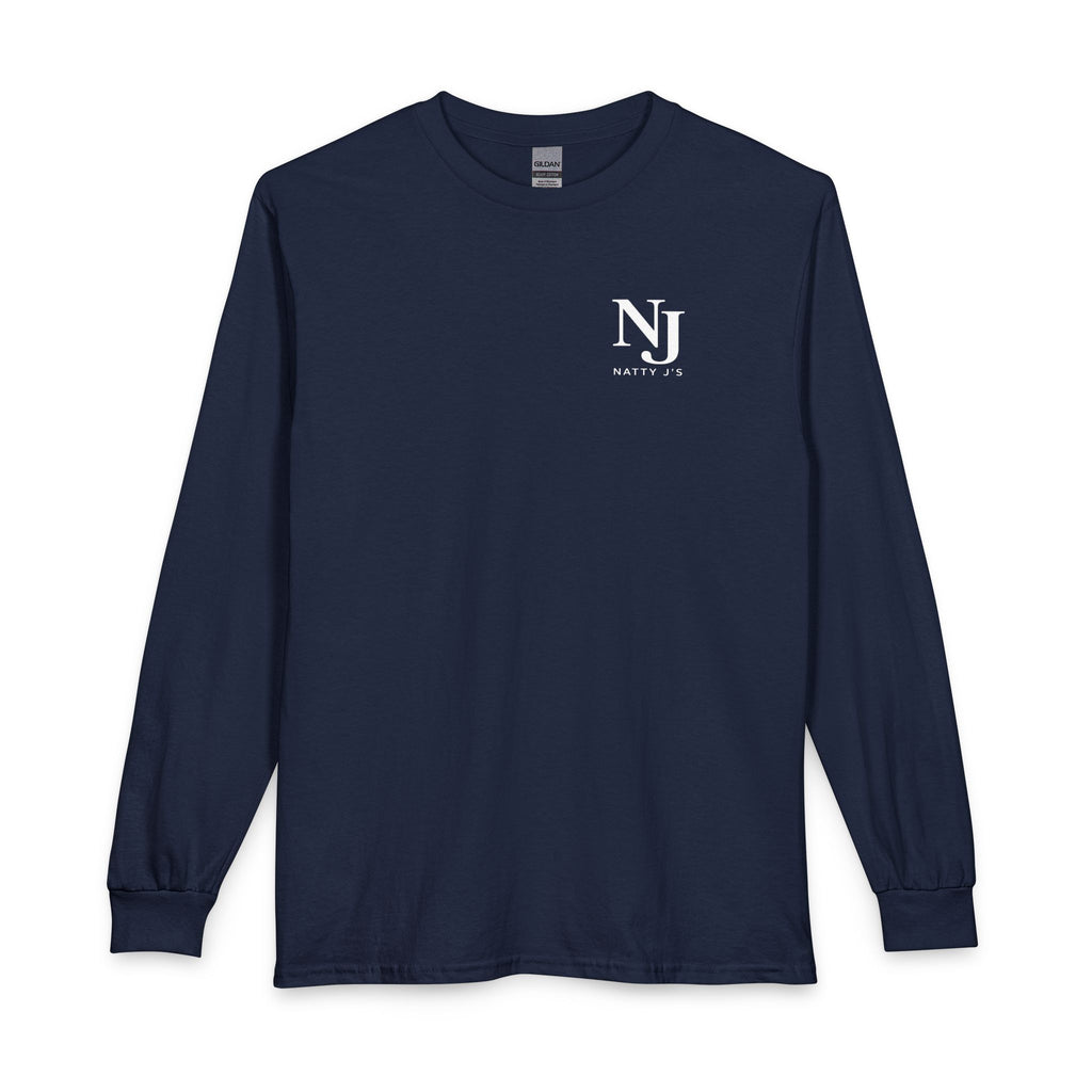 Navy long-sleeve shirt with a logo on a white background