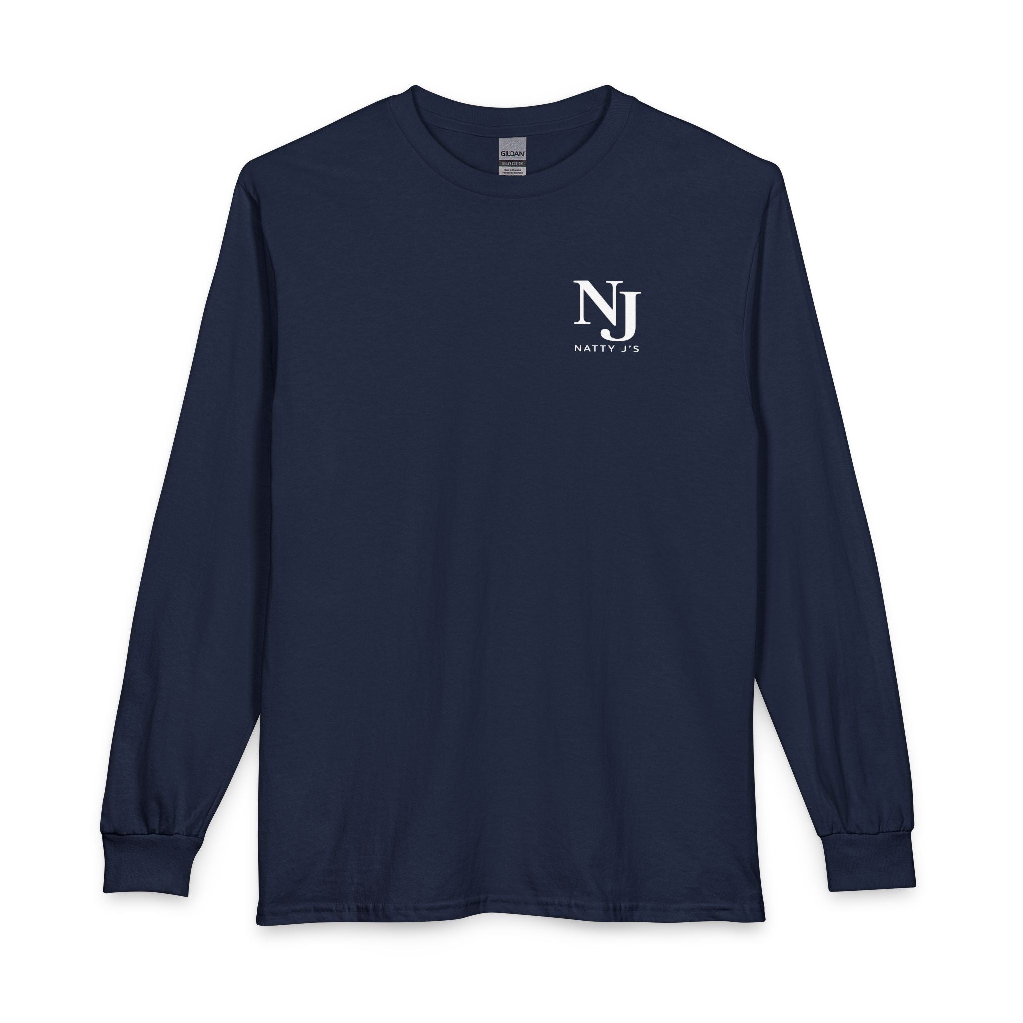 Navy long-sleeve shirt with a logo on a white background