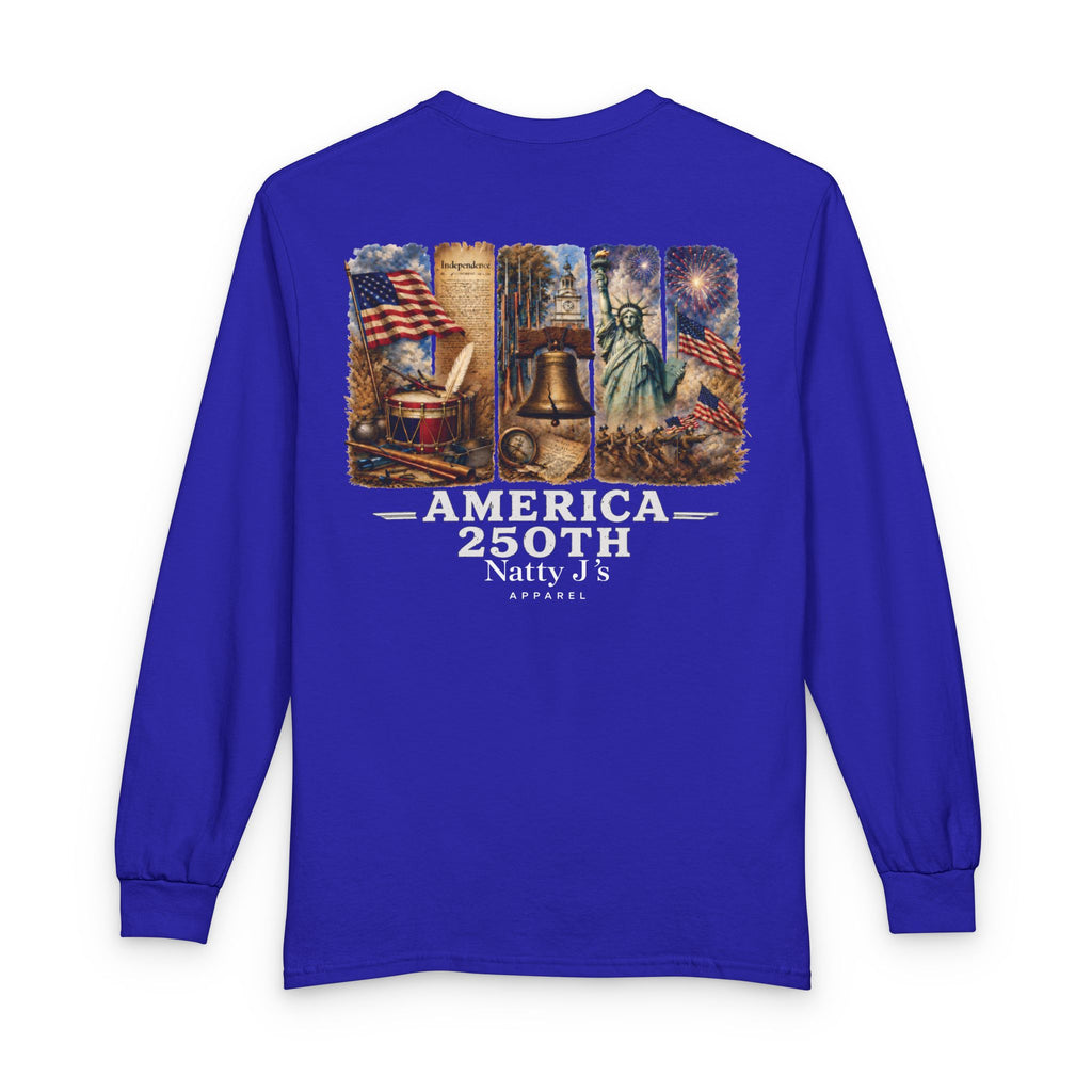 Blue long-sleeve shirt with American-themed design and text on a white background