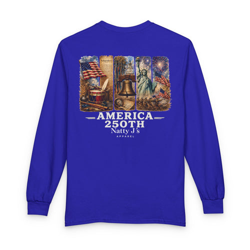 Blue long-sleeve shirt with American-themed design and text on a white background