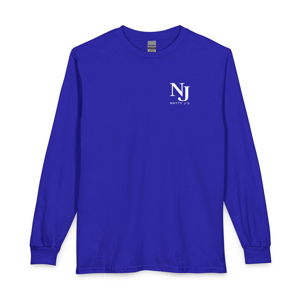 Blue long-sleeve shirt with a logo on the chest against a white background