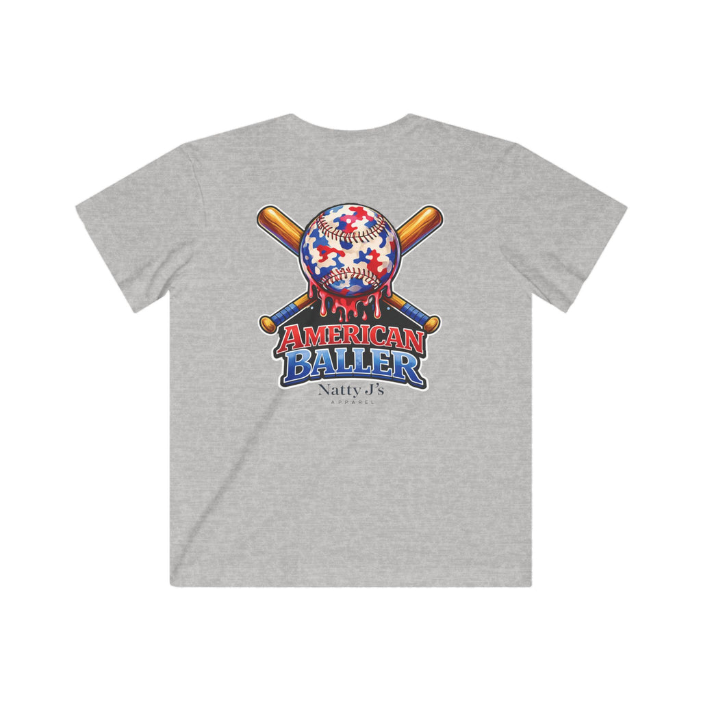 Gray t-shirt with a colorful graphic of a baseball and crossed bats on a white background