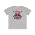 Gray t-shirt with a colorful graphic of a baseball and crossed bats on a white background