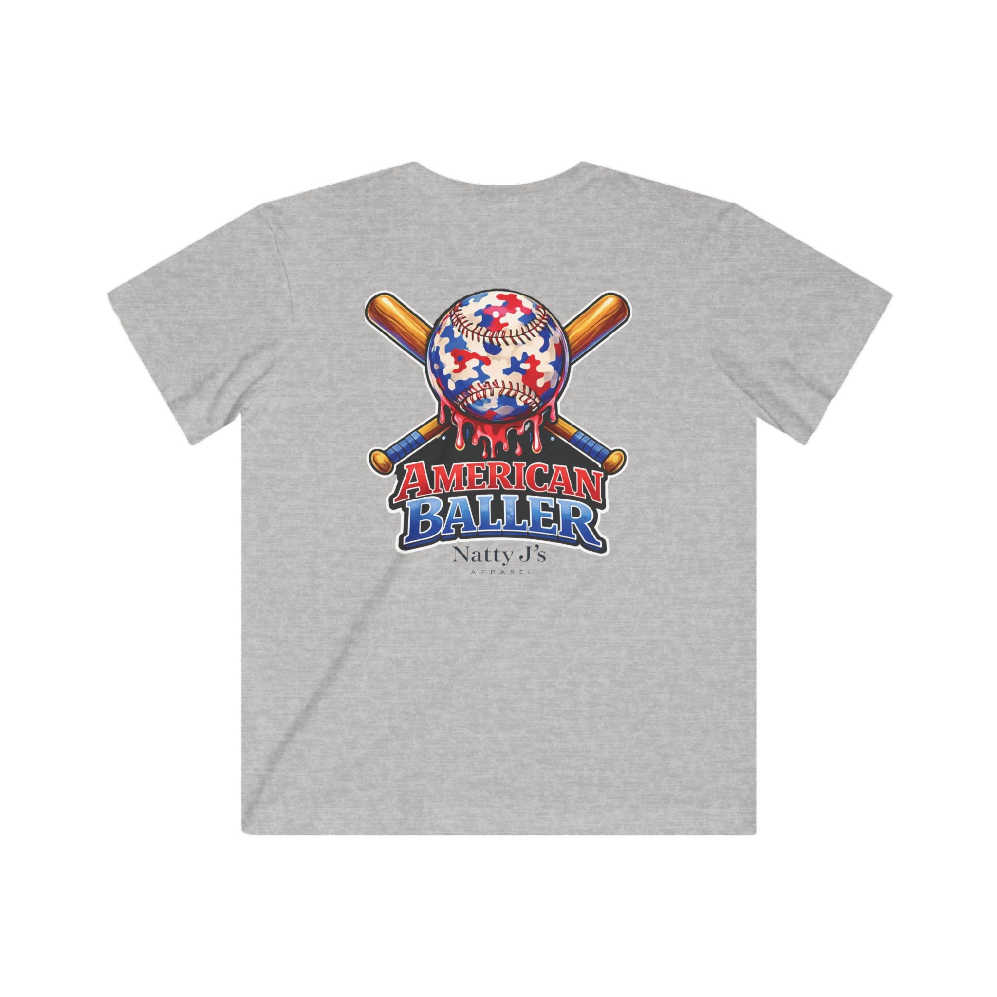 Gray t-shirt with a colorful graphic of a baseball and crossed bats on a white background