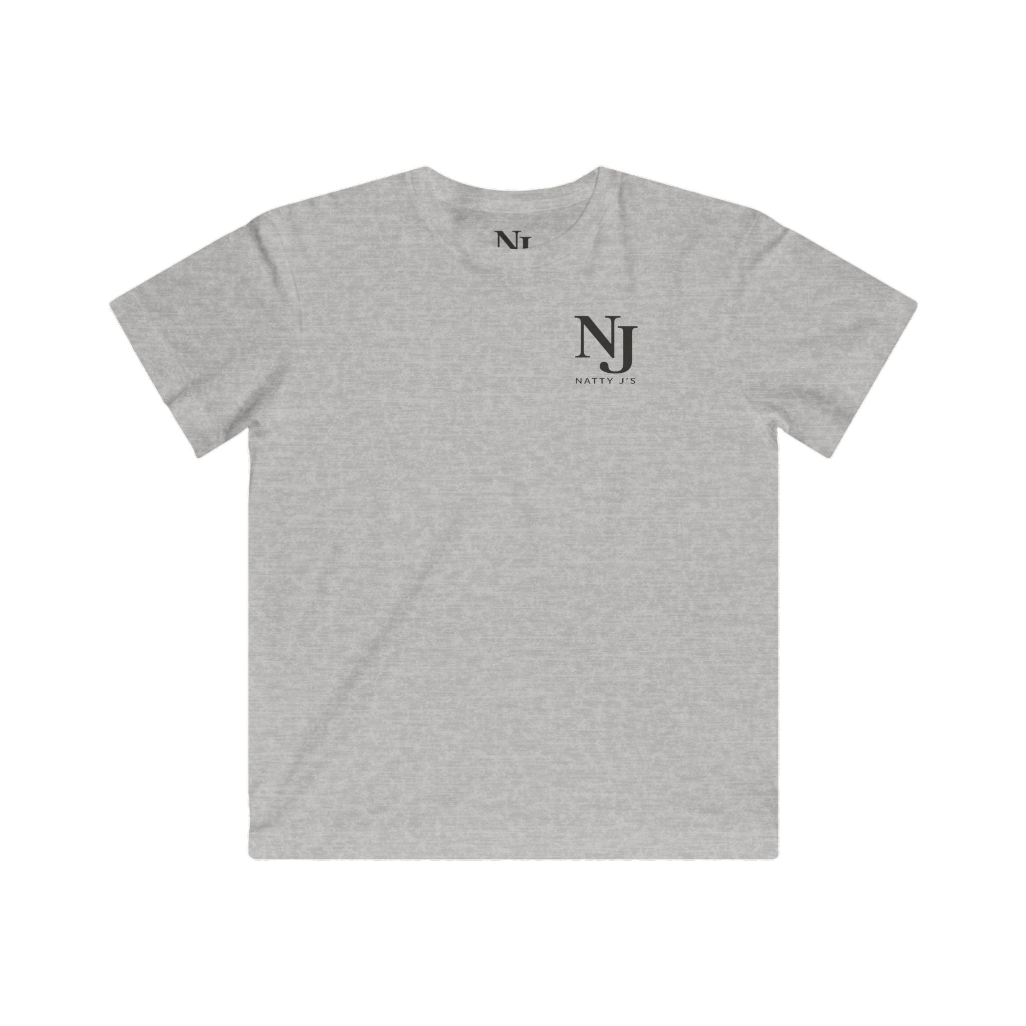 Gray t-shirt with a black logo on a white background