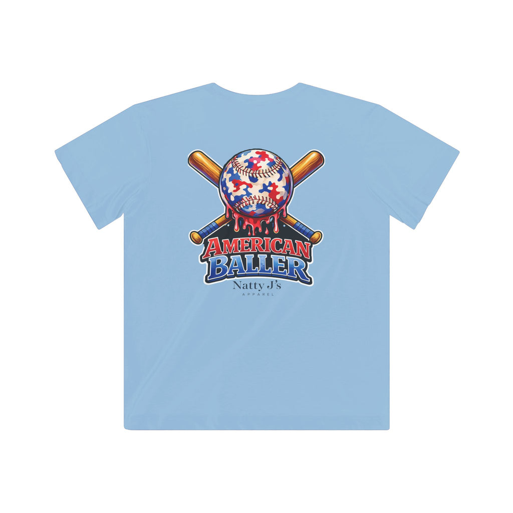 Light blue t-shirt with 'American Baller' graphic on a white background