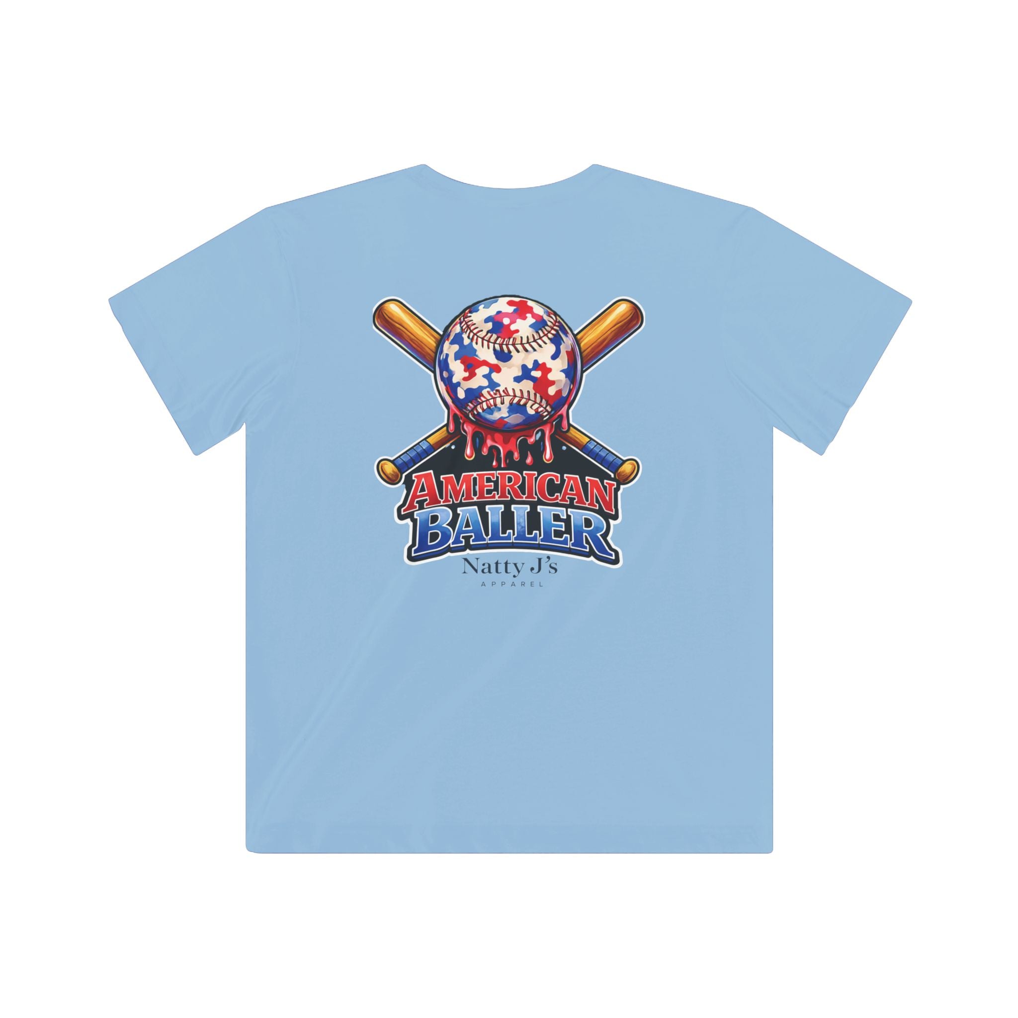 Light blue t-shirt with 'American Baller' graphic on a white background