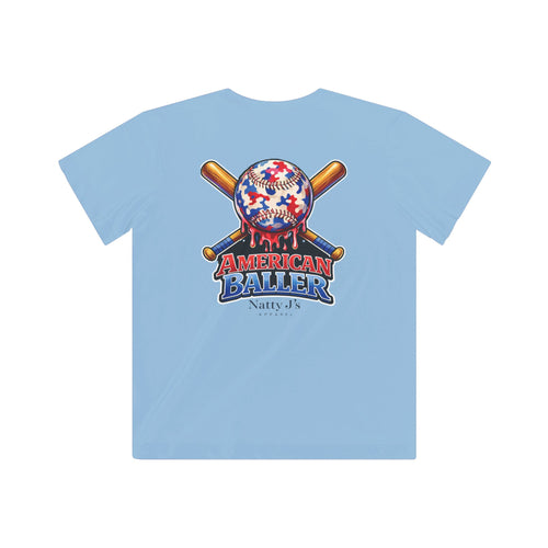 Light blue t-shirt with 'American Baller' graphic on a white background