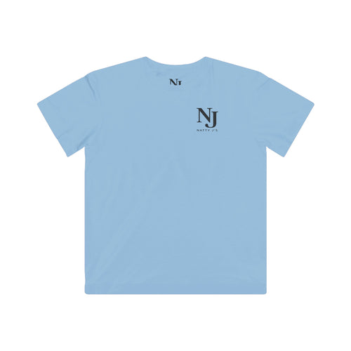 Light blue t-shirt with a logo on the back against a white background