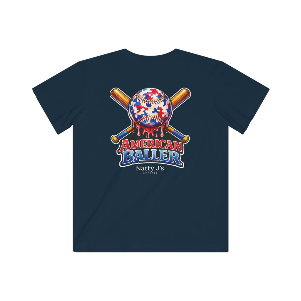 Navy blue t-shirt with 'American Baller' graphic and 'Natty J's' branding on a white background