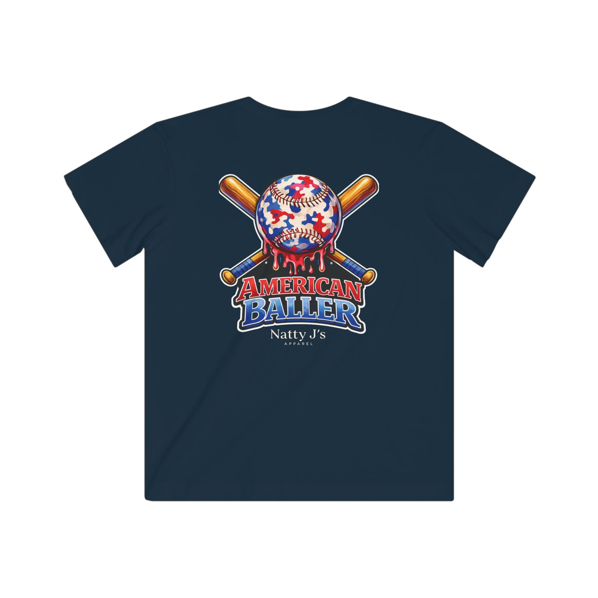 Navy blue t-shirt with 'American Baller' graphic and 'Natty J's' branding on a white background
