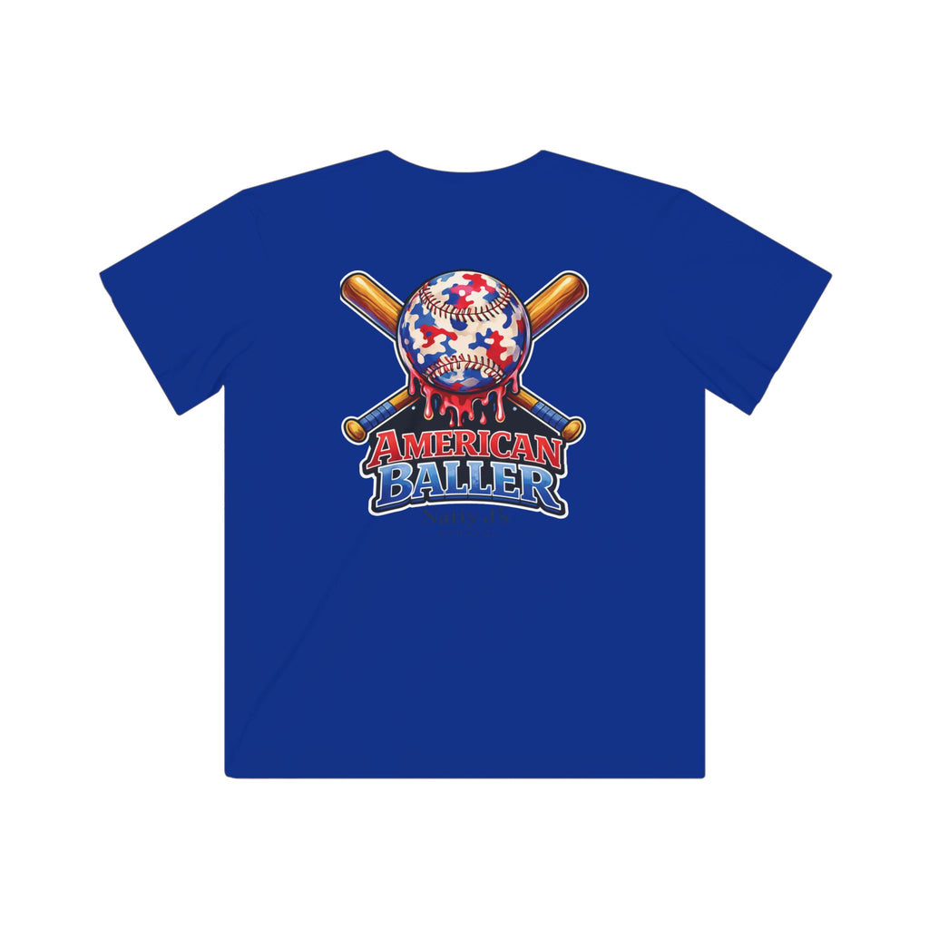 Blue t-shirt with 'American Baller' graphic featuring a baseball and crossed bats on a white background