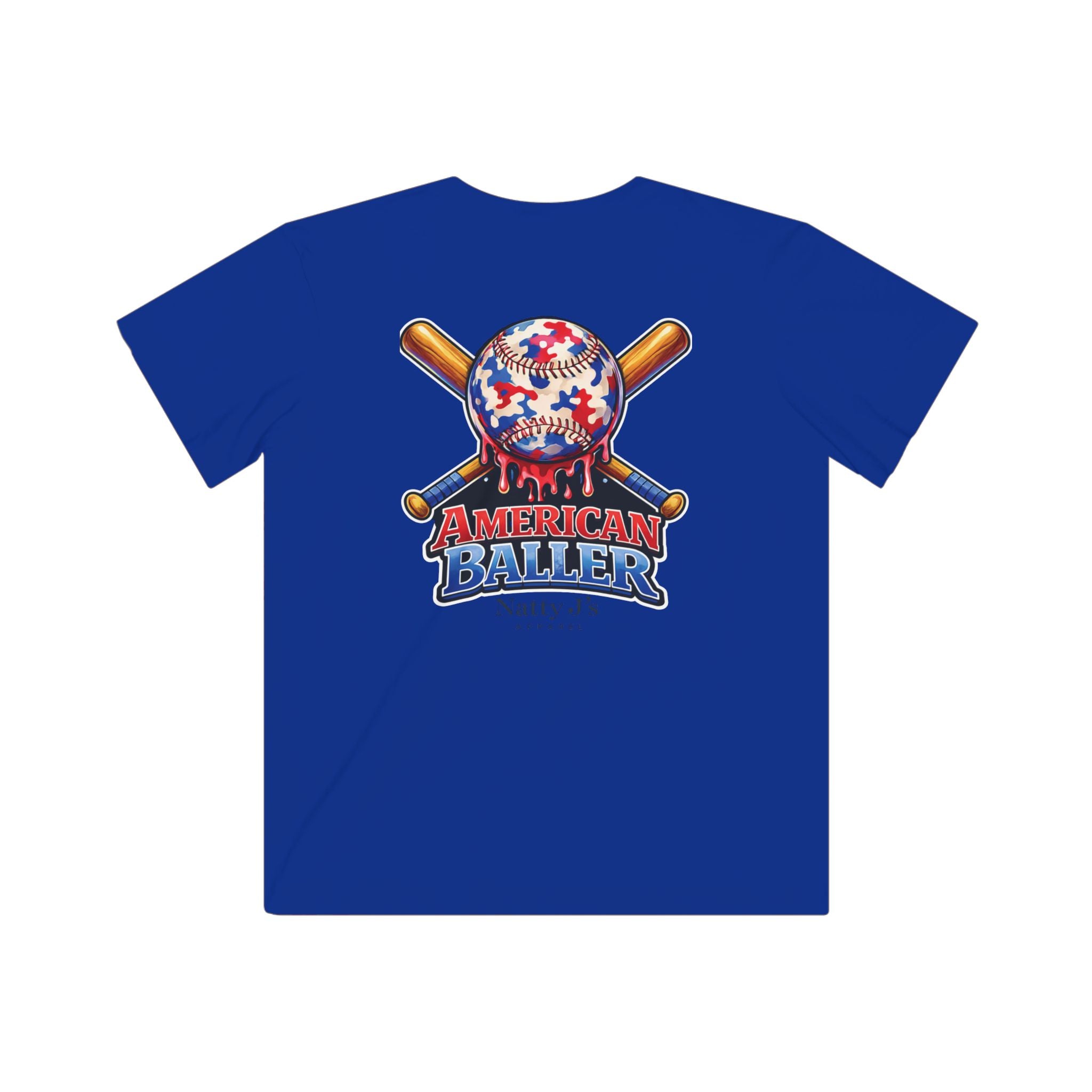 Blue t-shirt with 'American Baller' graphic featuring a baseball and crossed bats on a white background