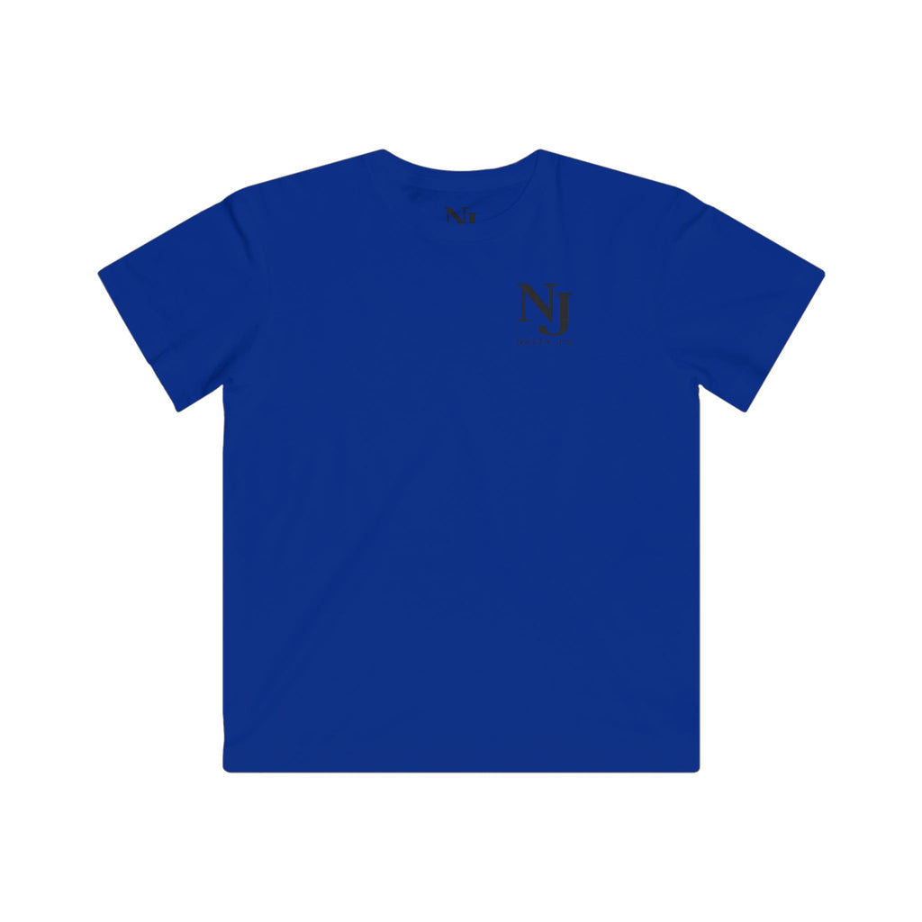 Blue t-shirt with a logo on the chest against a white background
