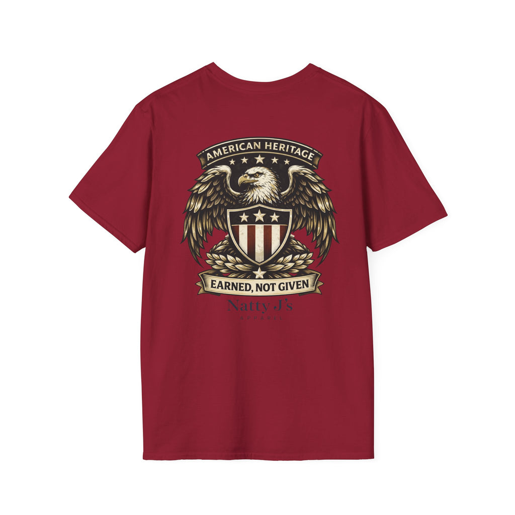 Red t-shirt with an eagle and shield graphic on a white background