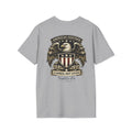 Gray t-shirt with an eagle and shield design on a white background