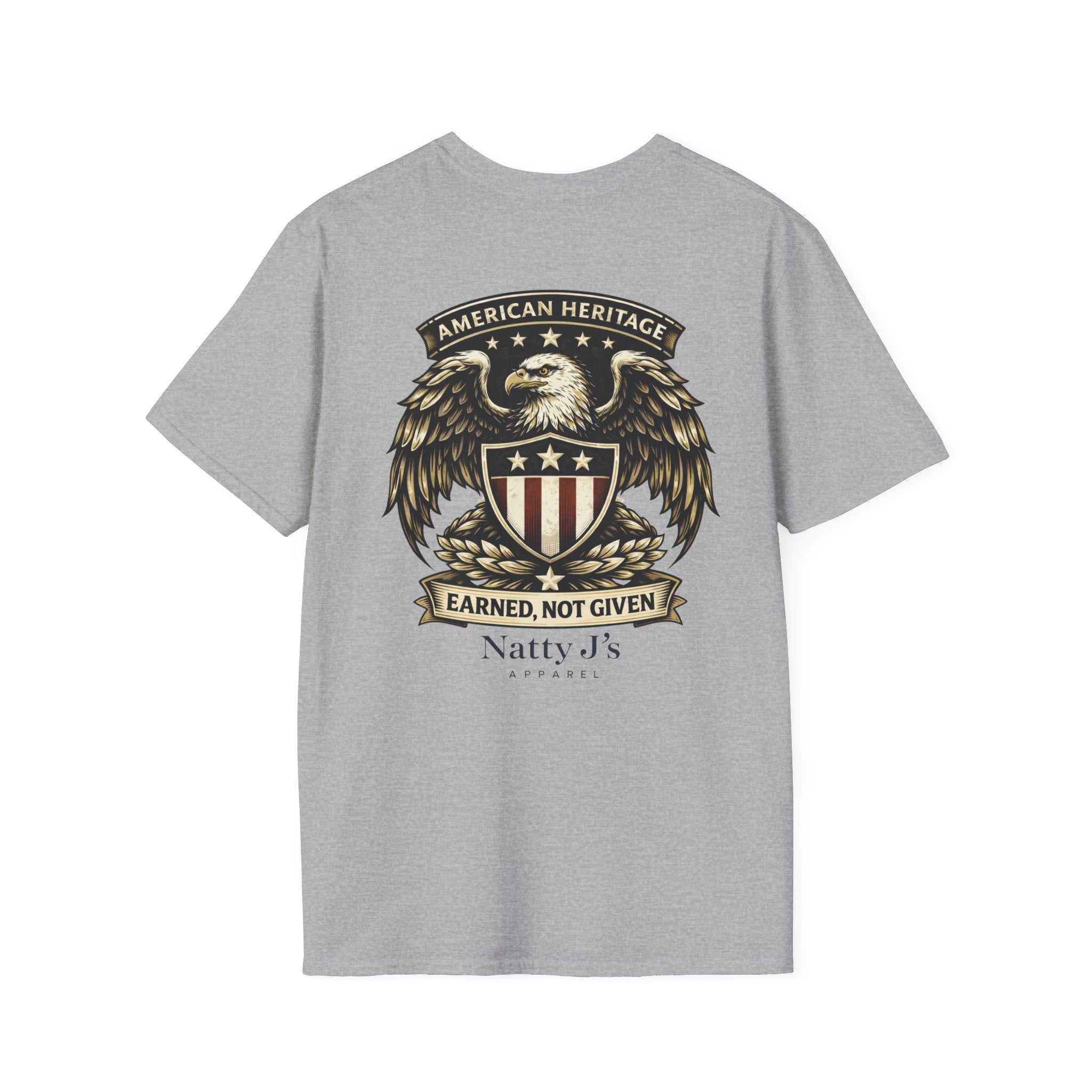Gray t-shirt with an eagle and shield design on a white background