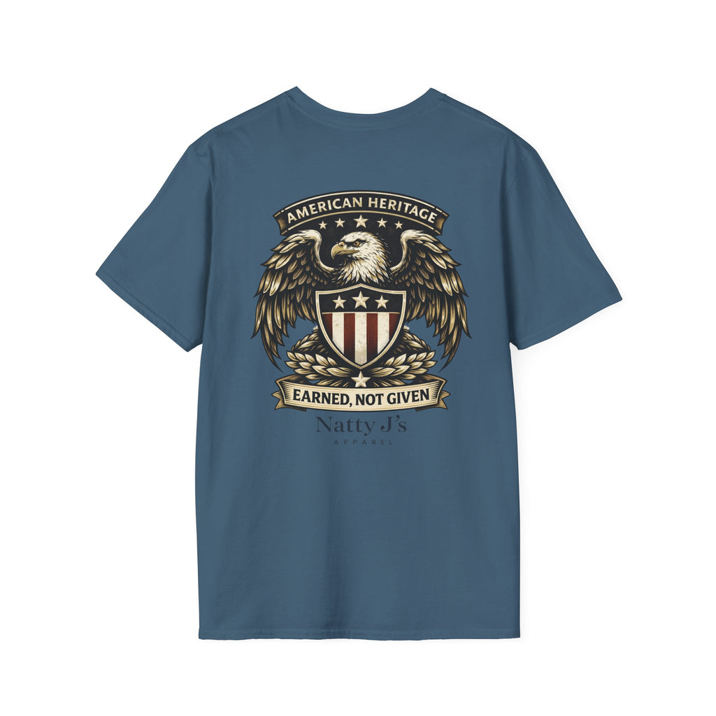 Blue t-shirt with an eagle and shield graphic on a white background