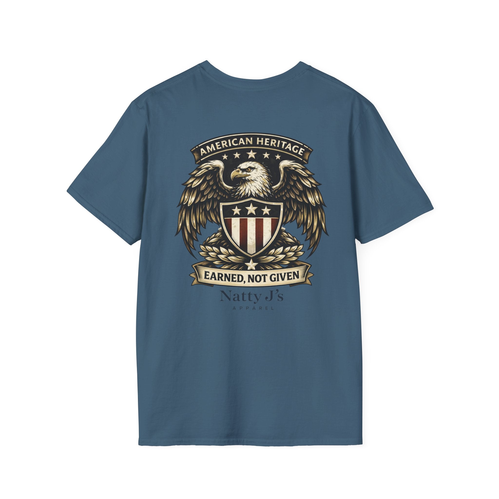 Blue t-shirt with an eagle and shield graphic on a white background