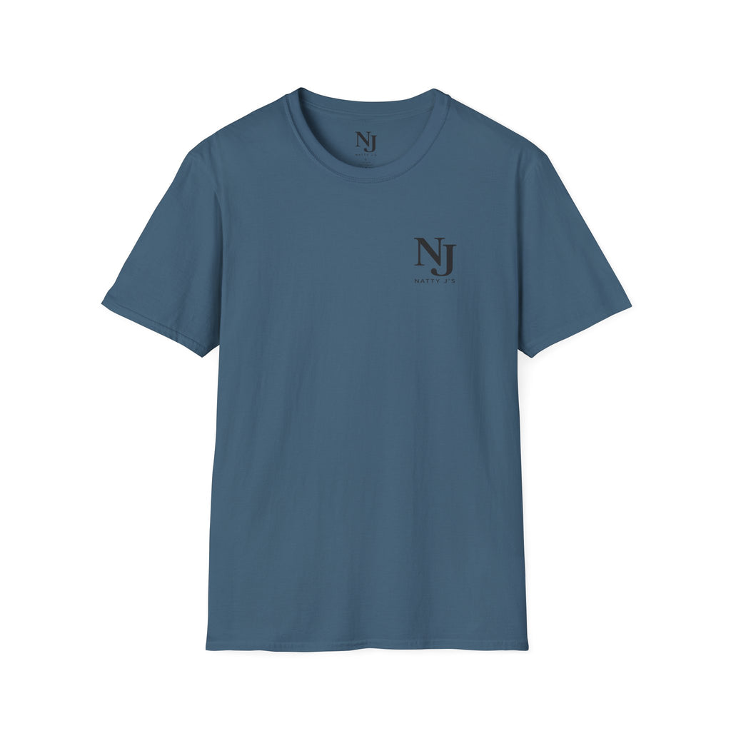 Blue t-shirt with NJ logo on a white background