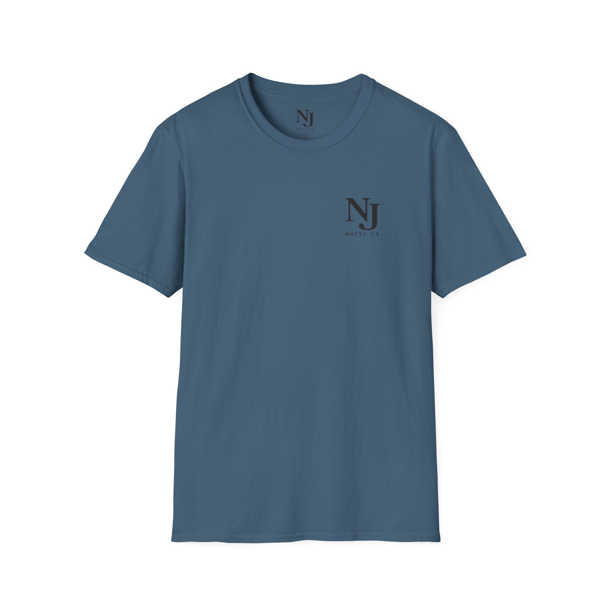Blue t-shirt with NJ logo on a white background