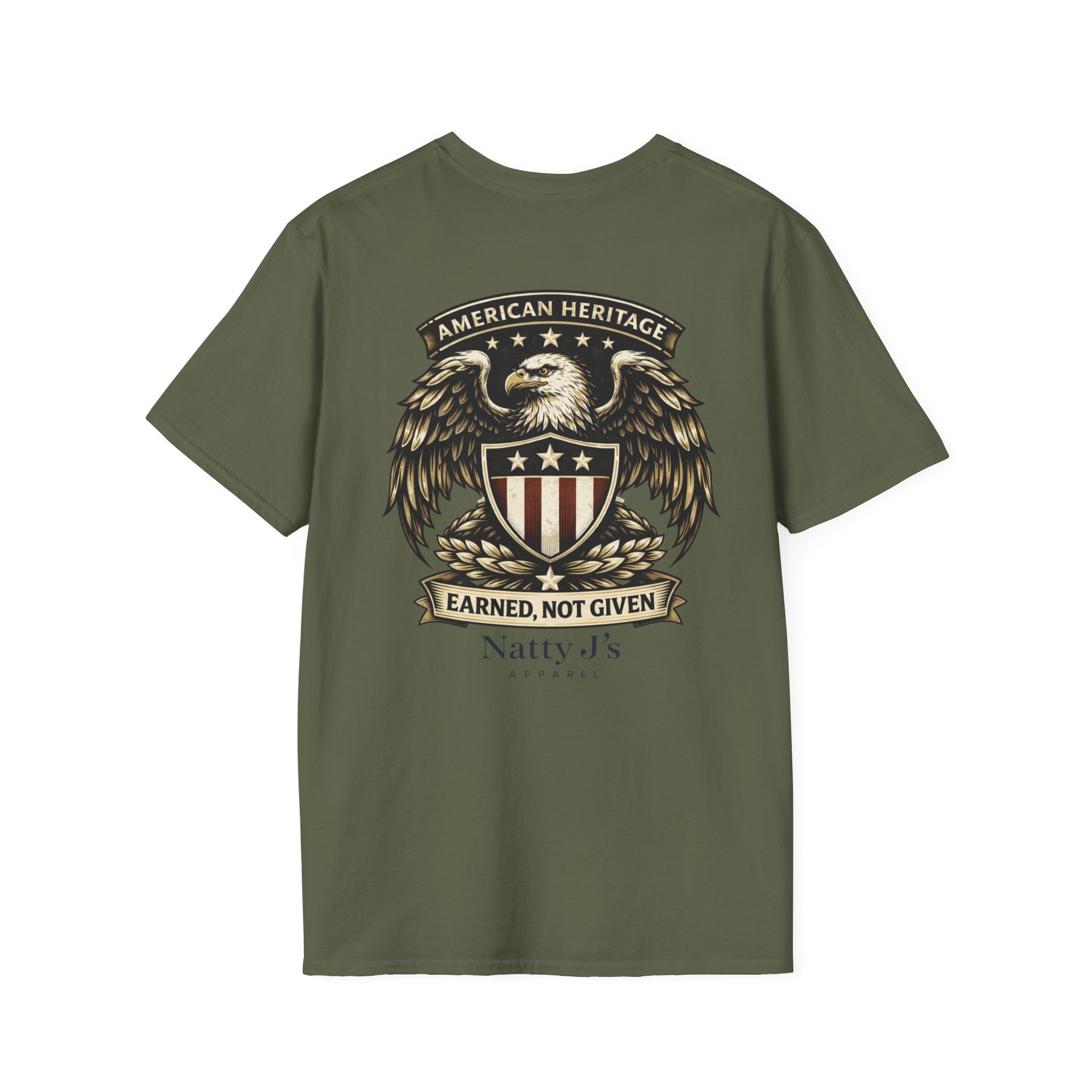 Green t-shirt with an eagle and shield design on a white background