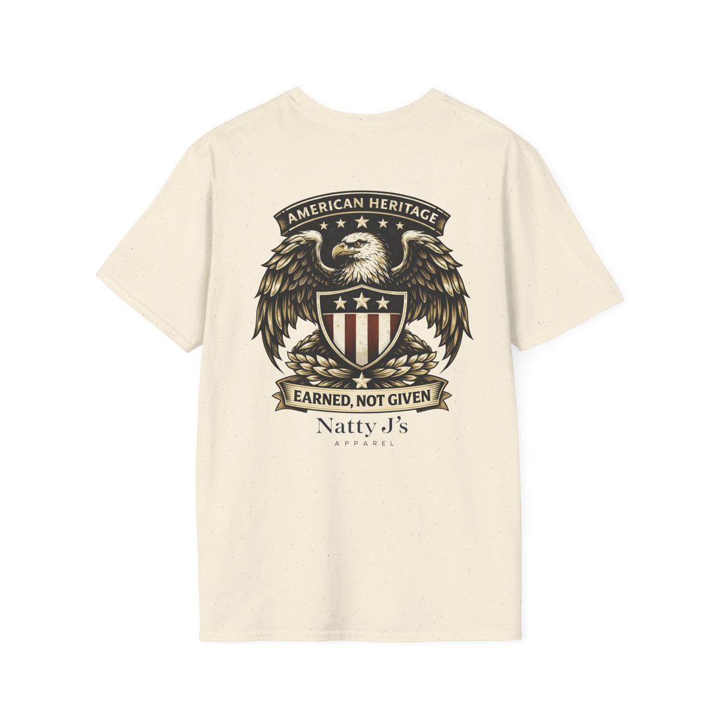 Beige t-shirt with an eagle emblem and text on a white background