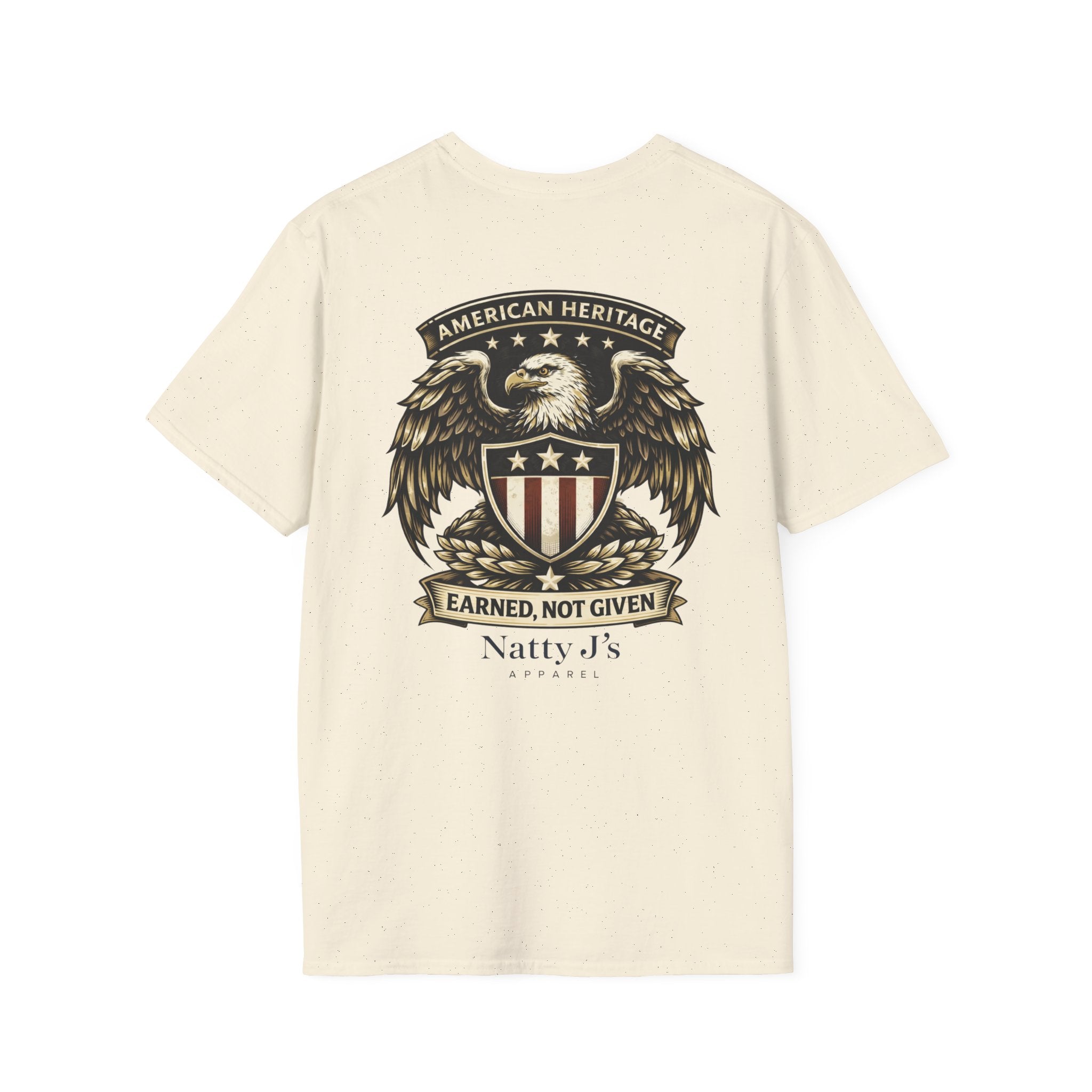 Beige t-shirt with an eagle emblem and text on a white background