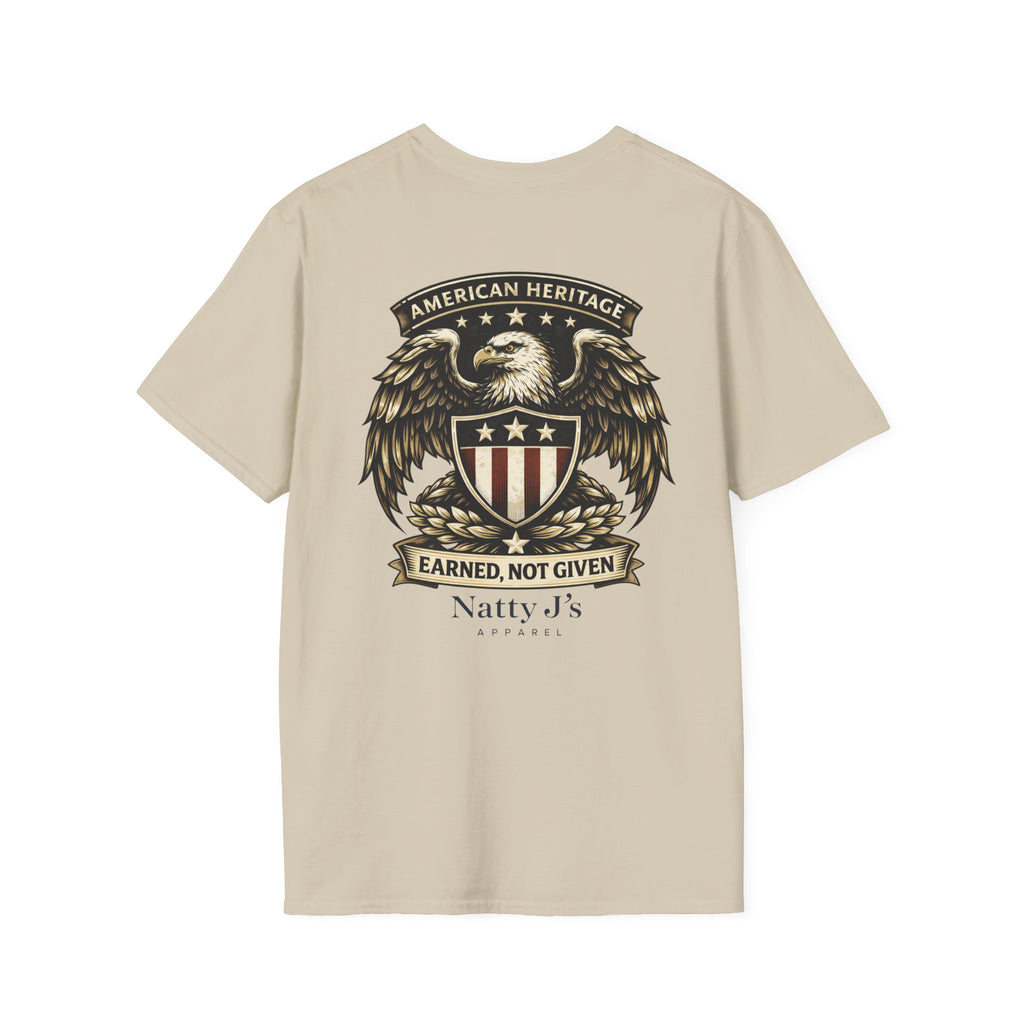 Beige t-shirt with an eagle emblem and text on a white background