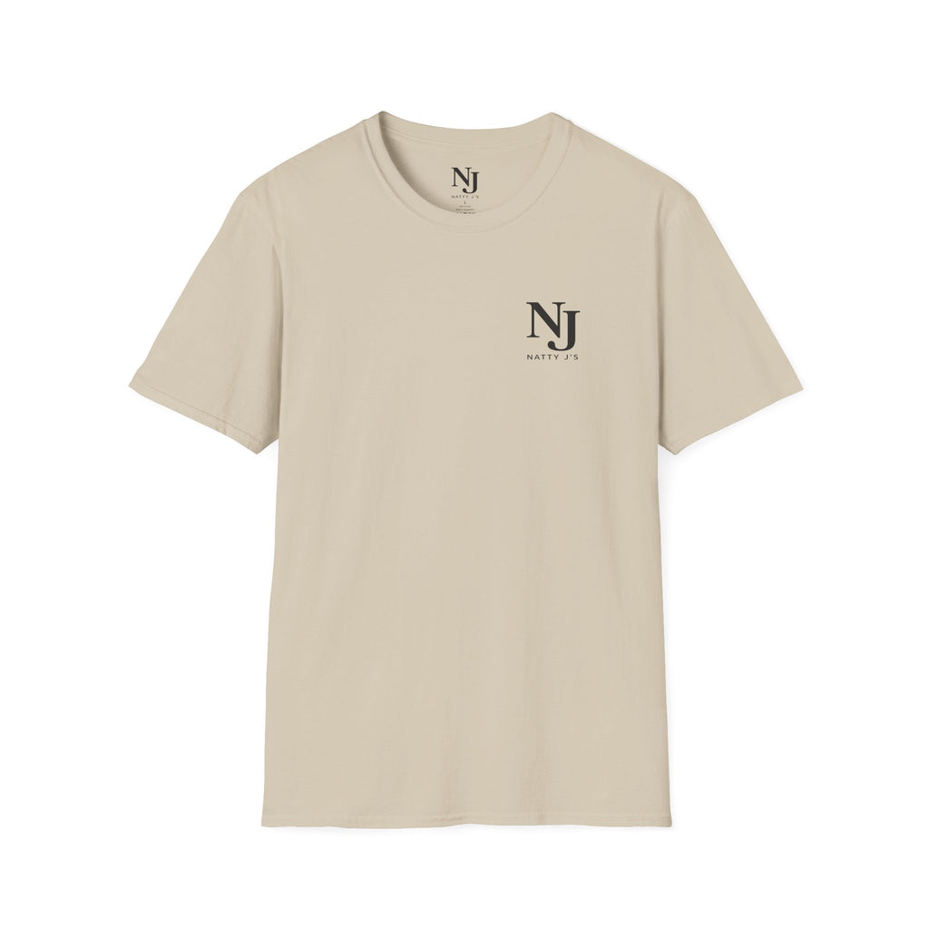 Beige t-shirt with NJ logo on a white background