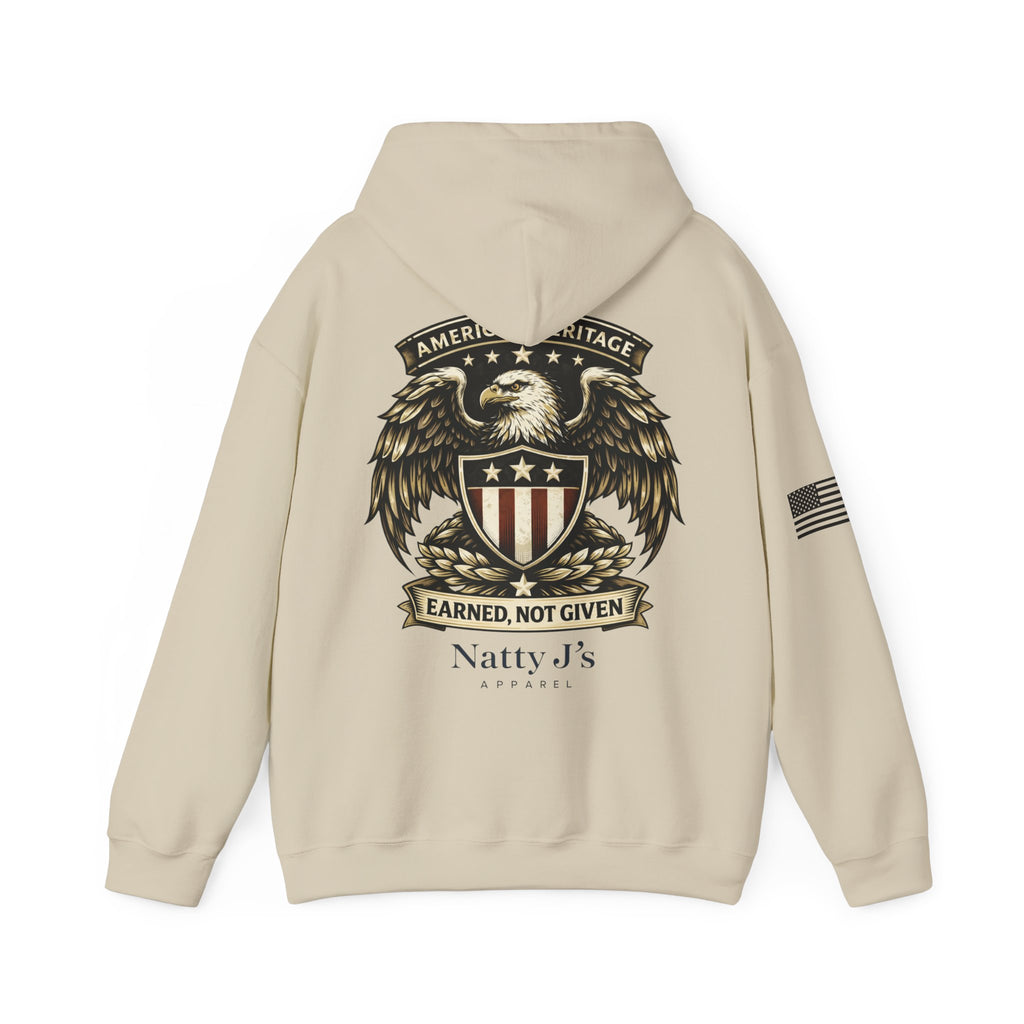 Beige hoodie with eagle emblem and text on a white background