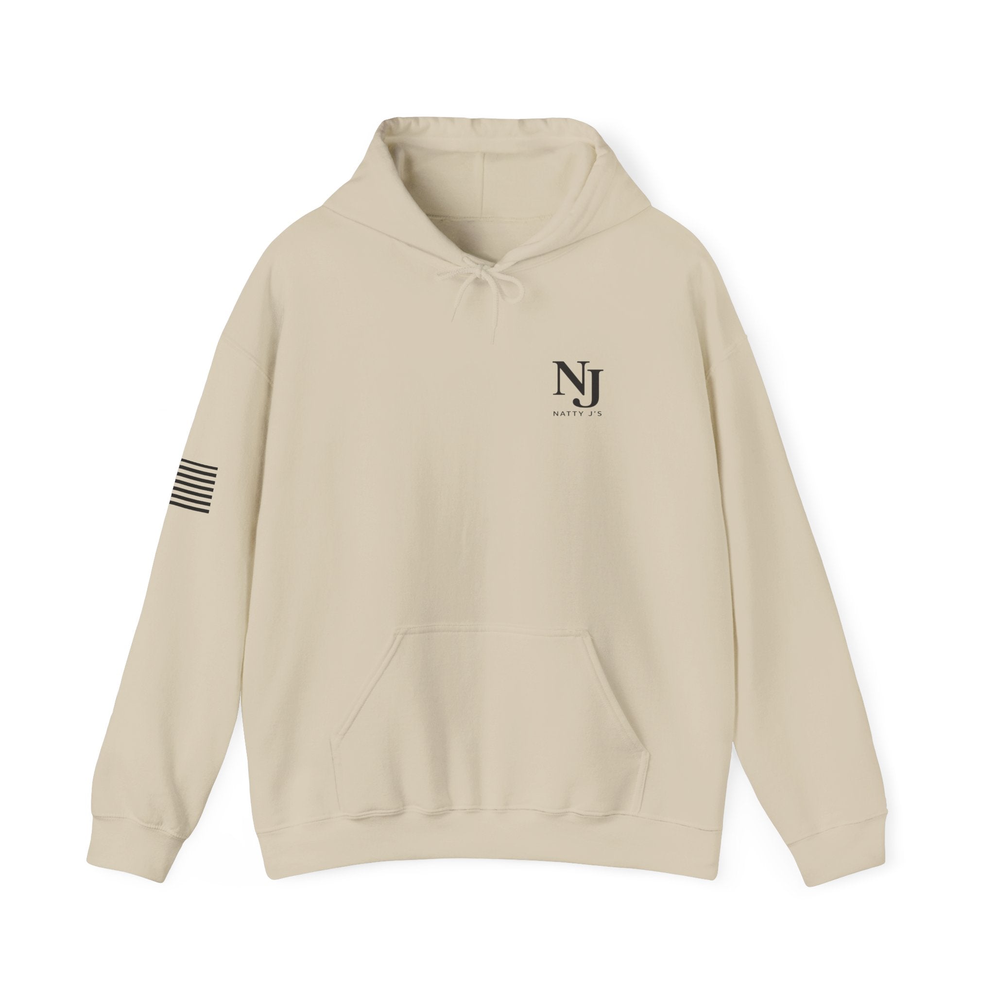Beige hoodie with NJ logo on a white background