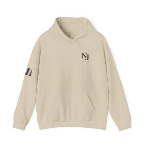Beige hoodie with NJ logo on a white background