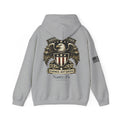 Gray hoodie with an eagle emblem and text on a white background