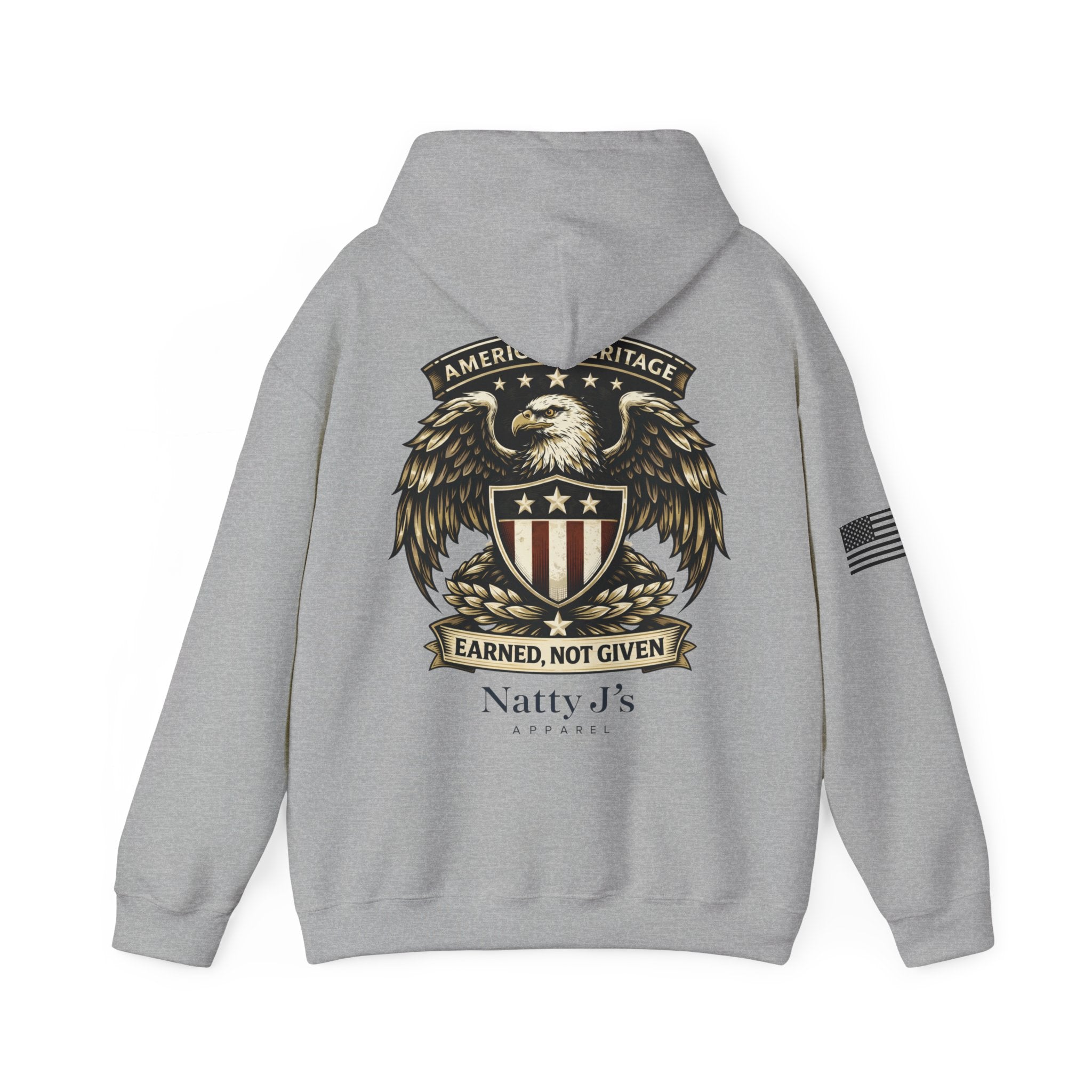 Gray hoodie with an eagle emblem and text on a white background