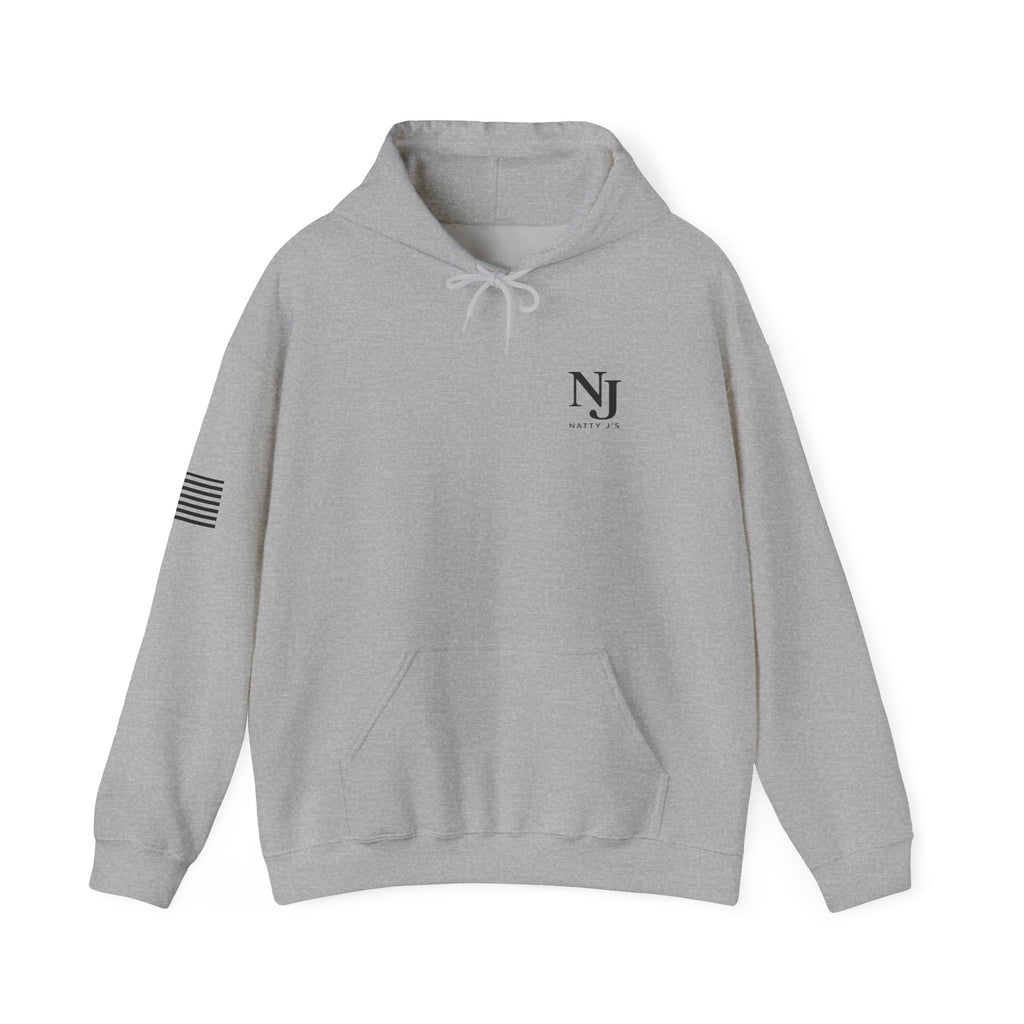 Gray hoodie with a logo and American flag patch on a white background