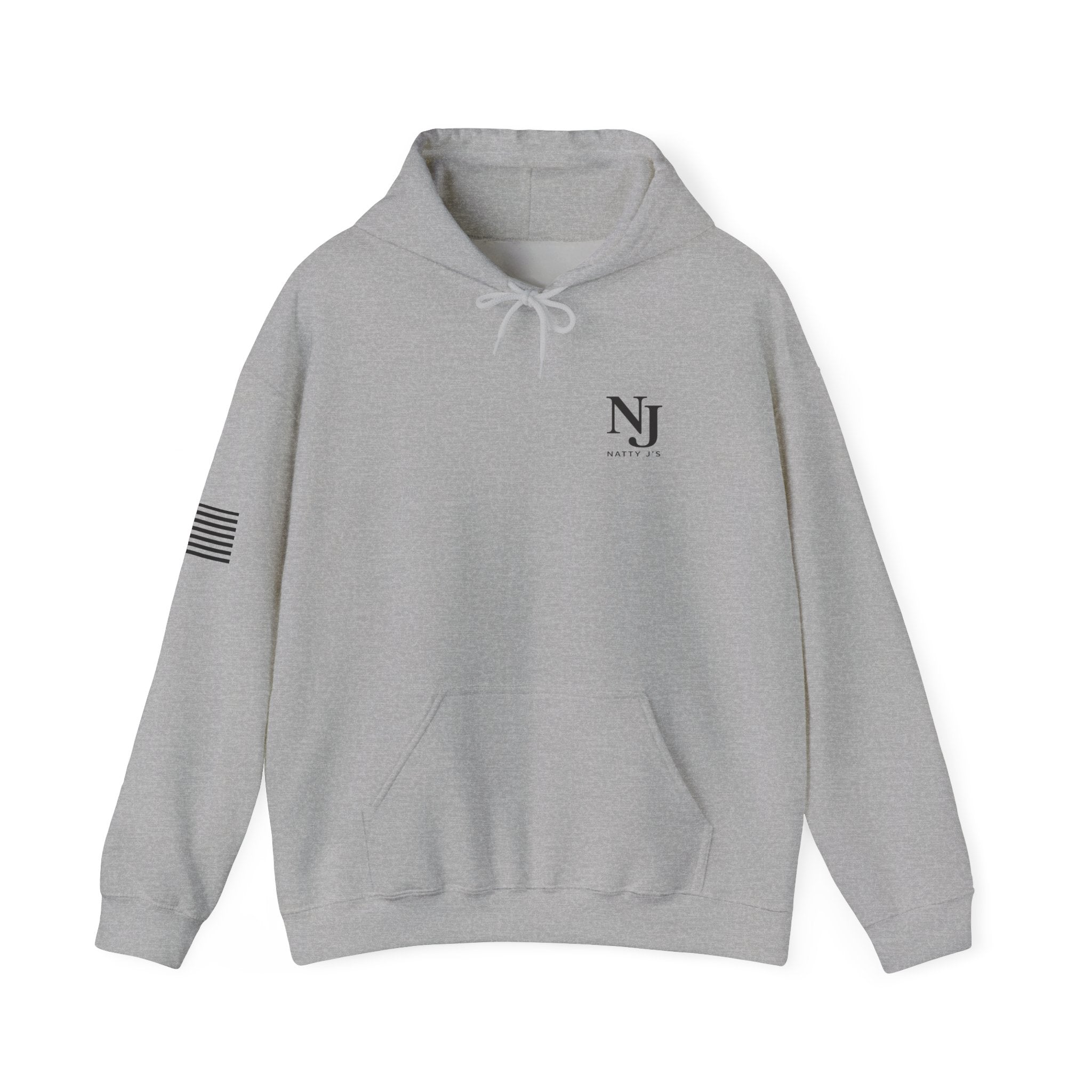 Gray hoodie with a logo and American flag patch on a white background