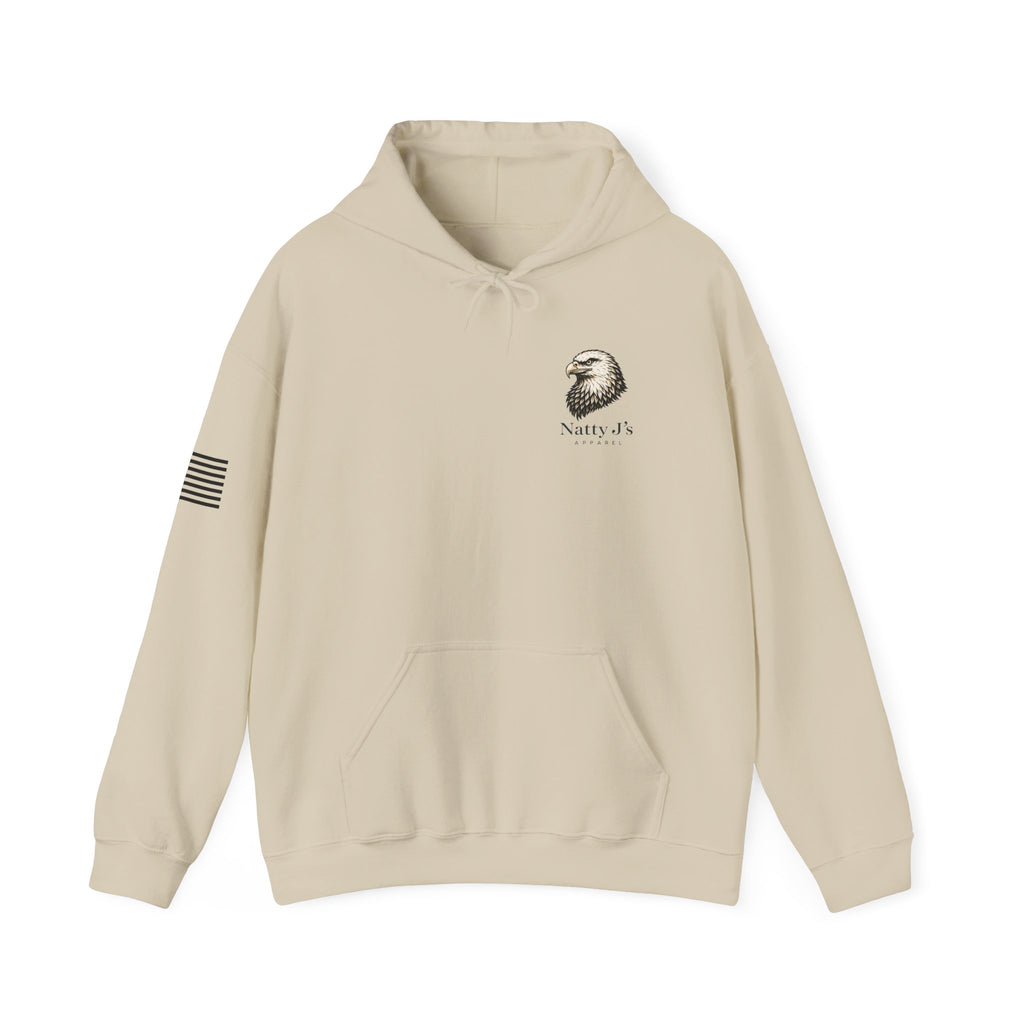 Beige hoodie with logo and text on a white background