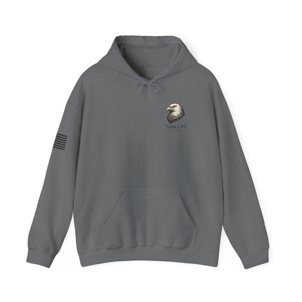 Gray hoodie with an eagle logo and text on a white background