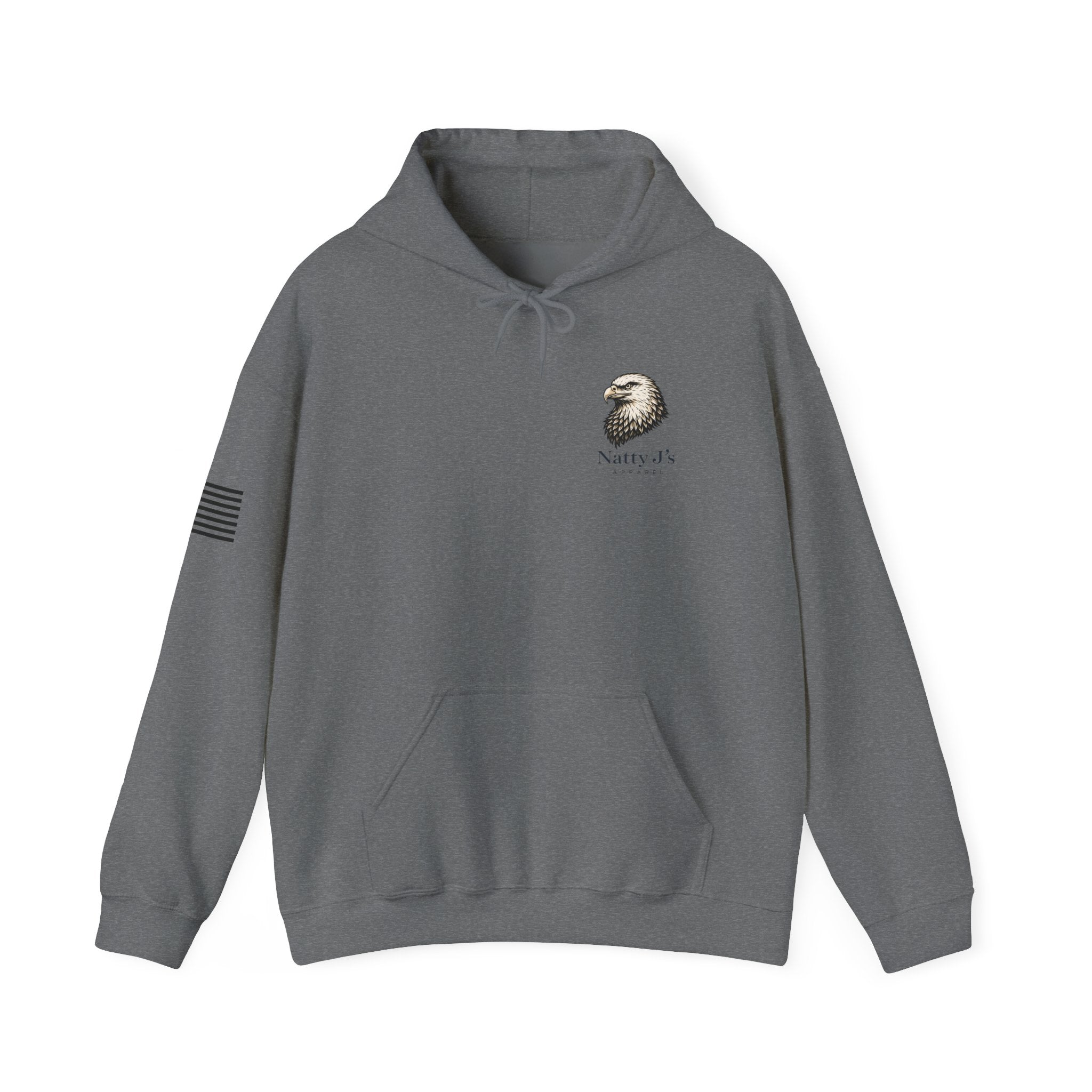 Gray hoodie with an eagle logo and text on a white background