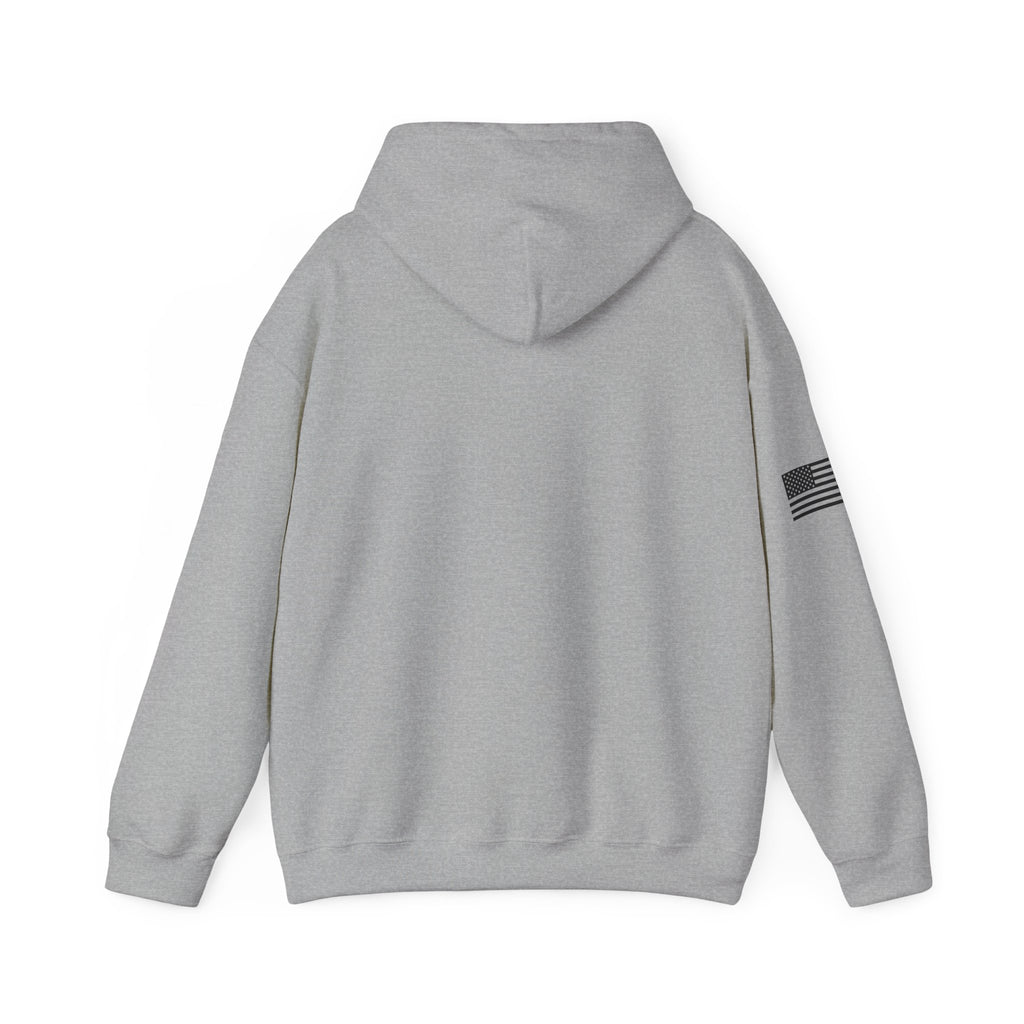 Gray hoodie with a small flag patch on the sleeve against a white background