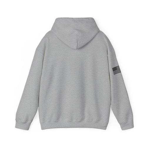 Gray hoodie with a small flag patch on the sleeve against a white background