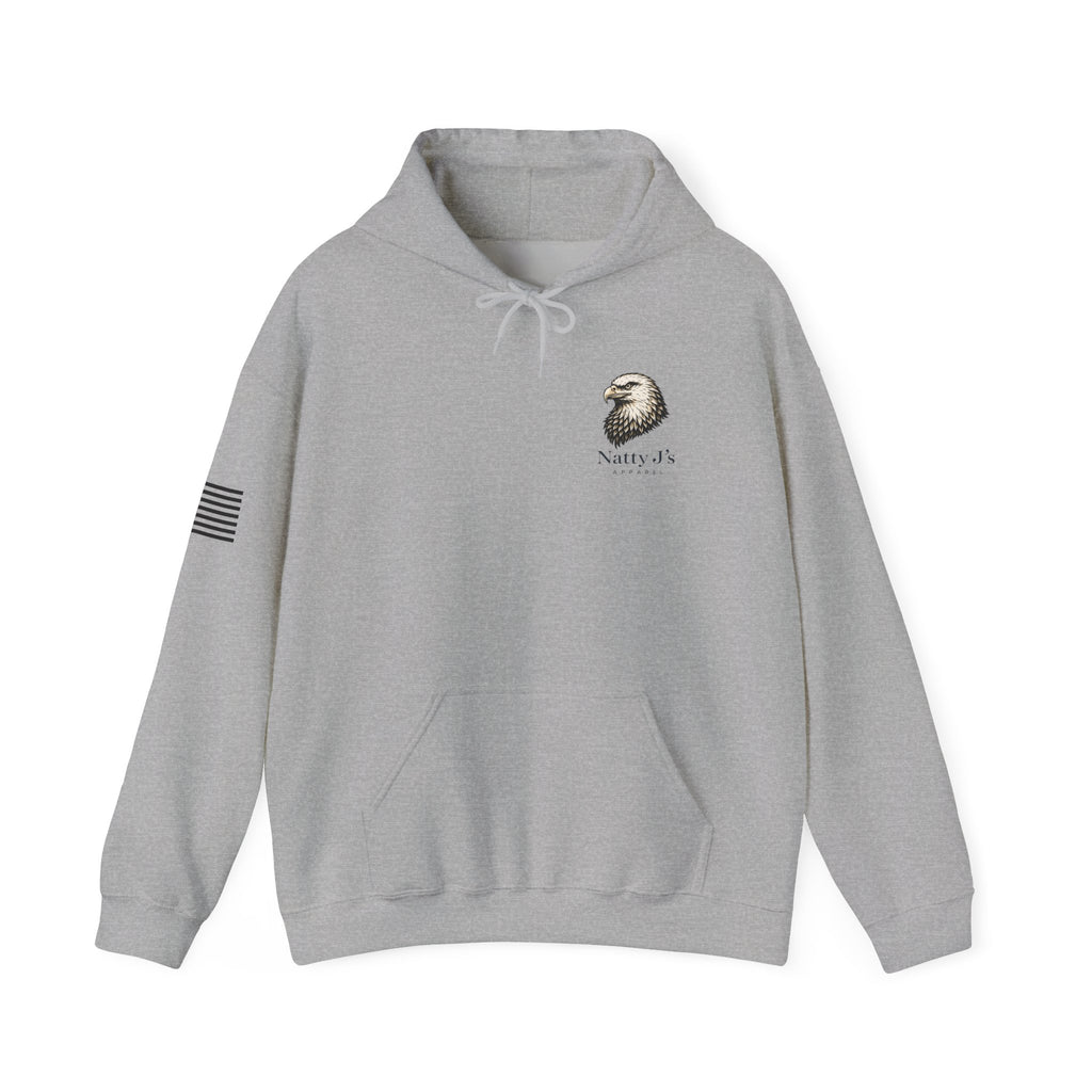Gray hoodie with logo and text on a white background